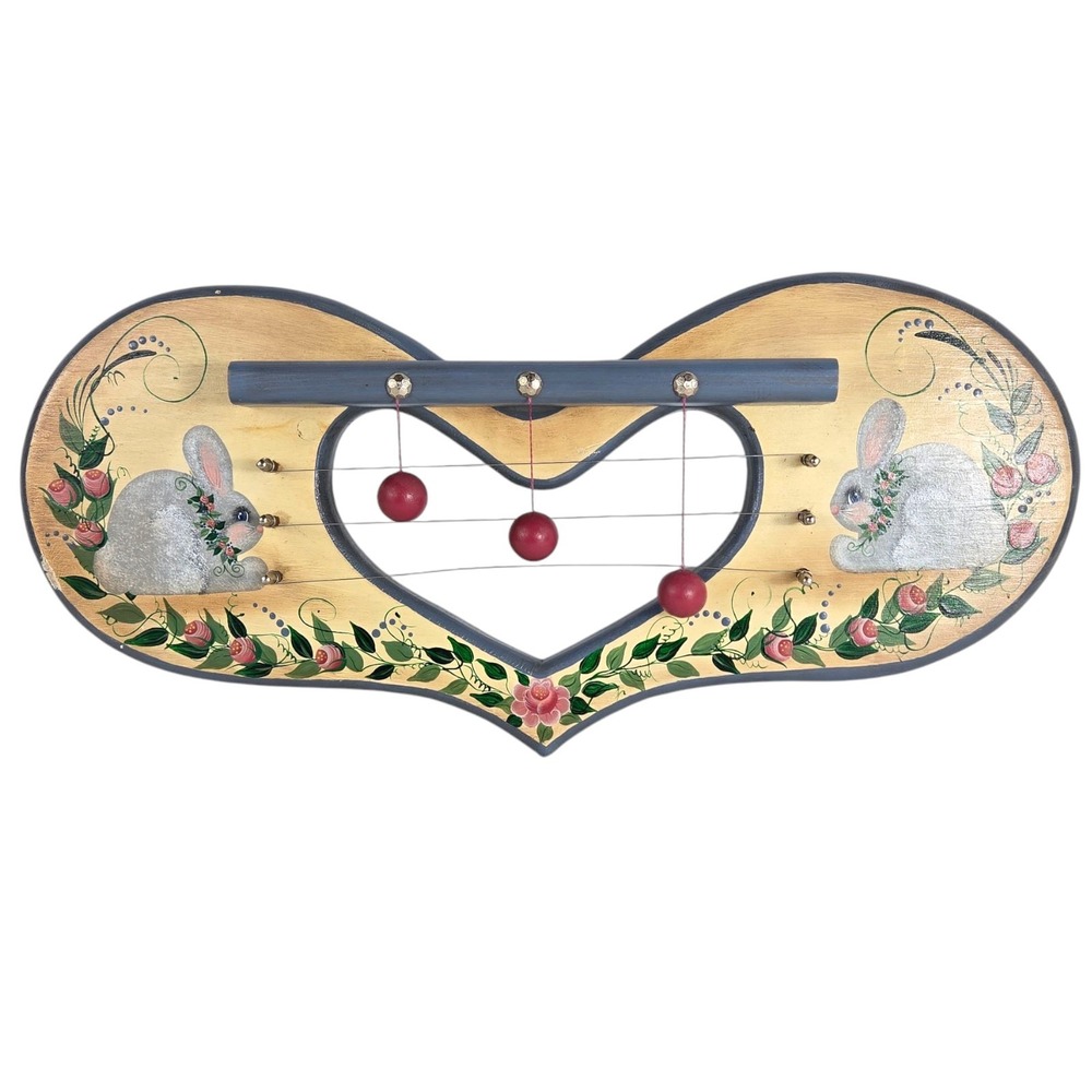 Wooden Heart Shaped Door Harp Bunny Flowers‎ Hand Paint Chime 19" Length Cottage